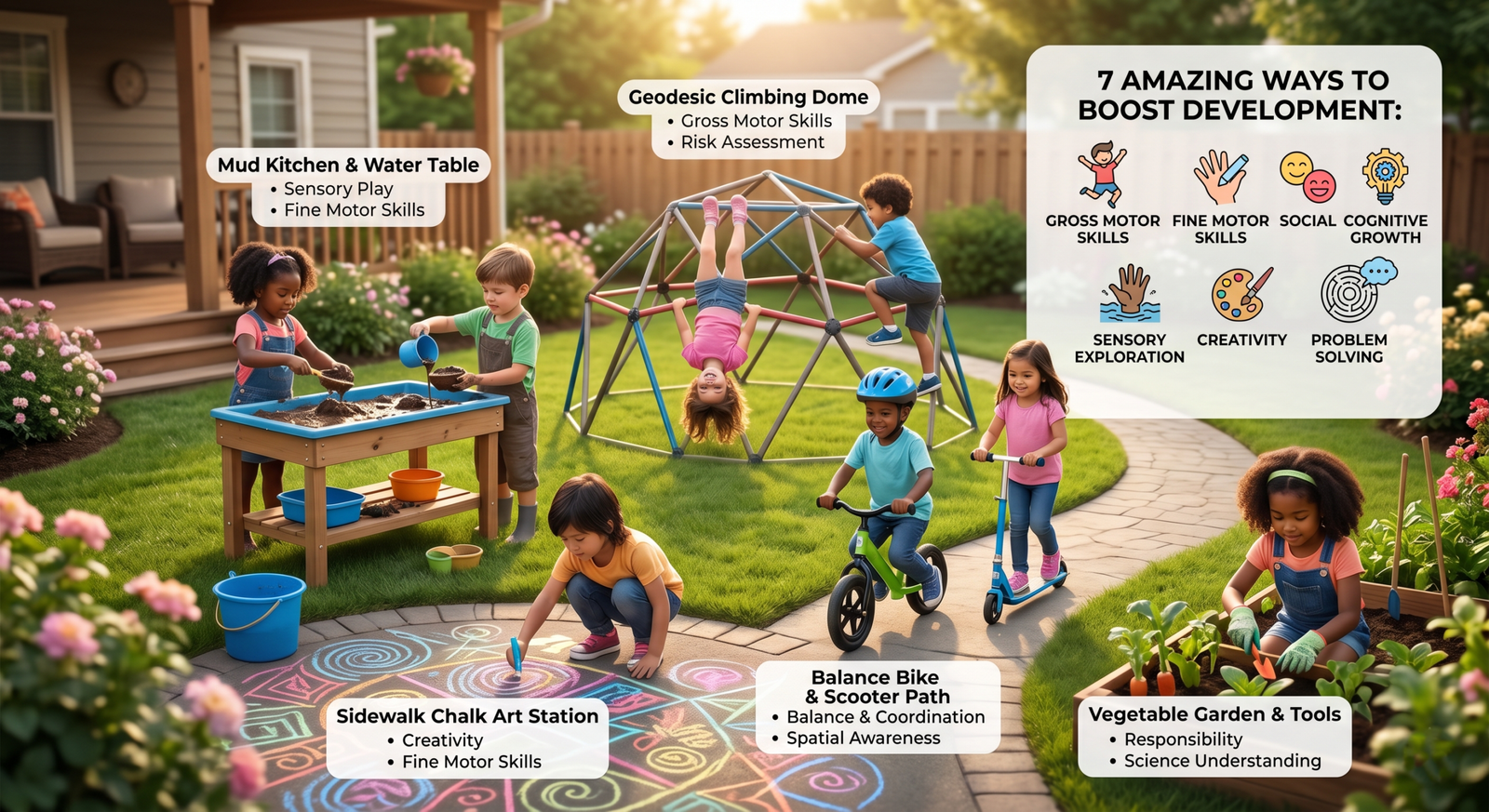 a composite scene that visually breaks down both parts of your title: the toys and the development areas. It features five distinct stations—including sensory tables, a geodesic climber, chalk art, balance toys, and a garden—integrated with a clean infographic overlay that highlights 7 specific developmental benefits based on leading research, such as gross and fine motor skills, social interaction, cognitive growth, and problem-solving.
