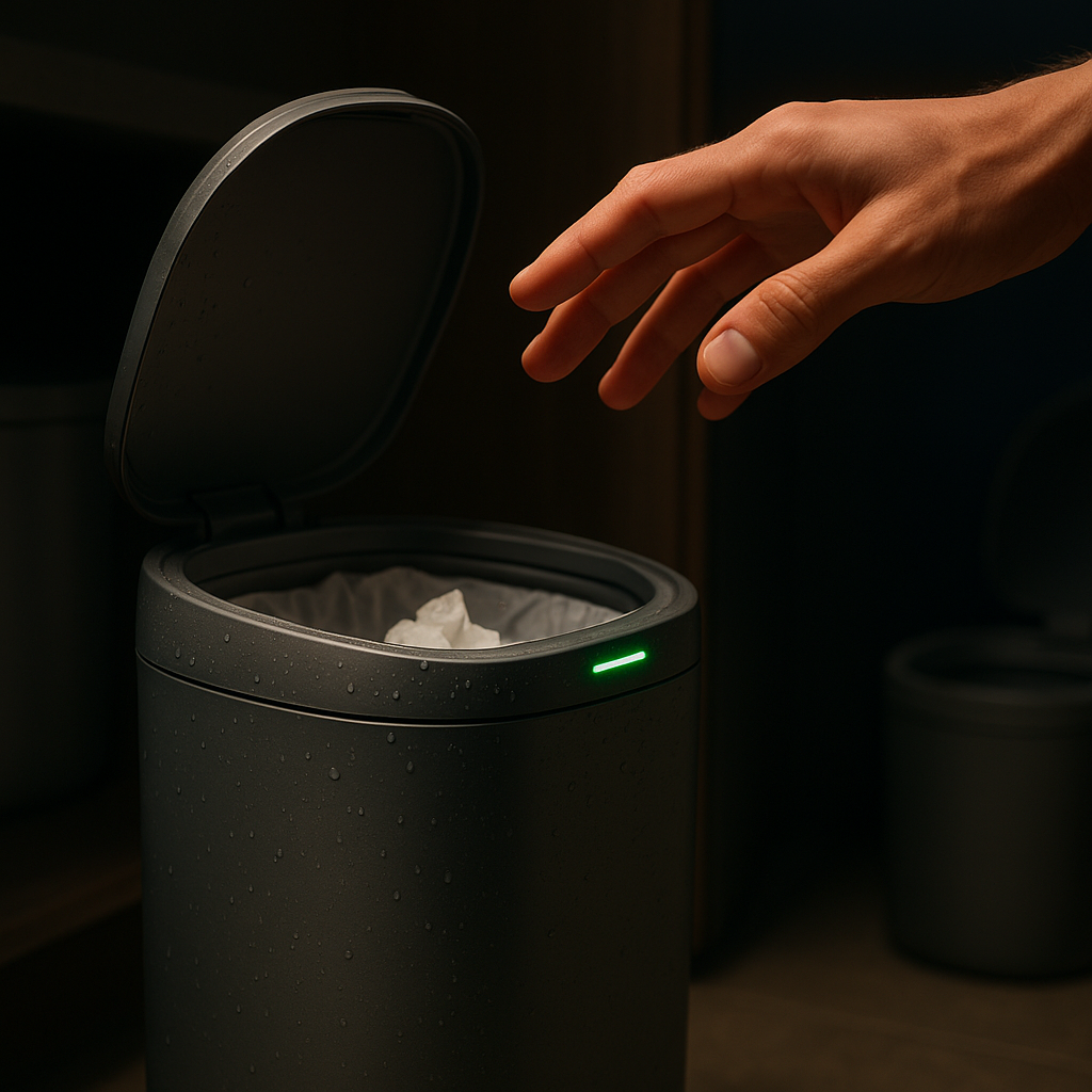 Vanpopubs 2 Pack 2.7 Gal Bathroom Trash Can with Lid, Automatic Trash Can Small Smart Garbage Can Touchless, Slim Motion Sensor Waterproof Plastic Trash Bins for Bedroom Office Kitchen Toilet in action