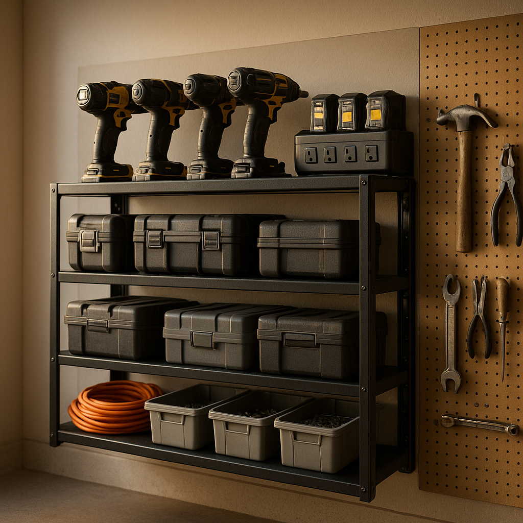 POKIPO Large Power Tool Organizer Wall Mount with Charging Station,4 Layer Heavy Duty Metal Tool Storage Rack Loads 600lbs with 8 Cordless Drill Holder,Battery Utility Rack Loads with 4 Power Strip product view