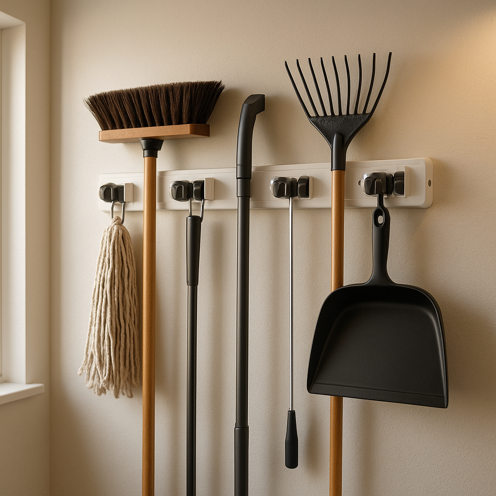 IMILLET 2 Pack Mop and Broom Holder, Wall Mounted Organizer Mop and Broom Storage Tool Rack with 5 Ball Slots and 6 Hooks (Black) product view