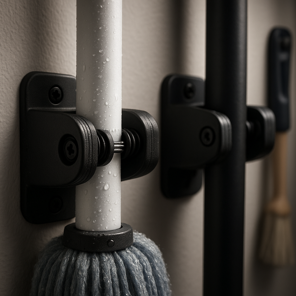 IMILLET 2 Pack Mop and Broom Holder, Wall Mounted Organizer Mop and Broom Storage Tool Rack with 5 Ball Slots and 6 Hooks (Black) in action
