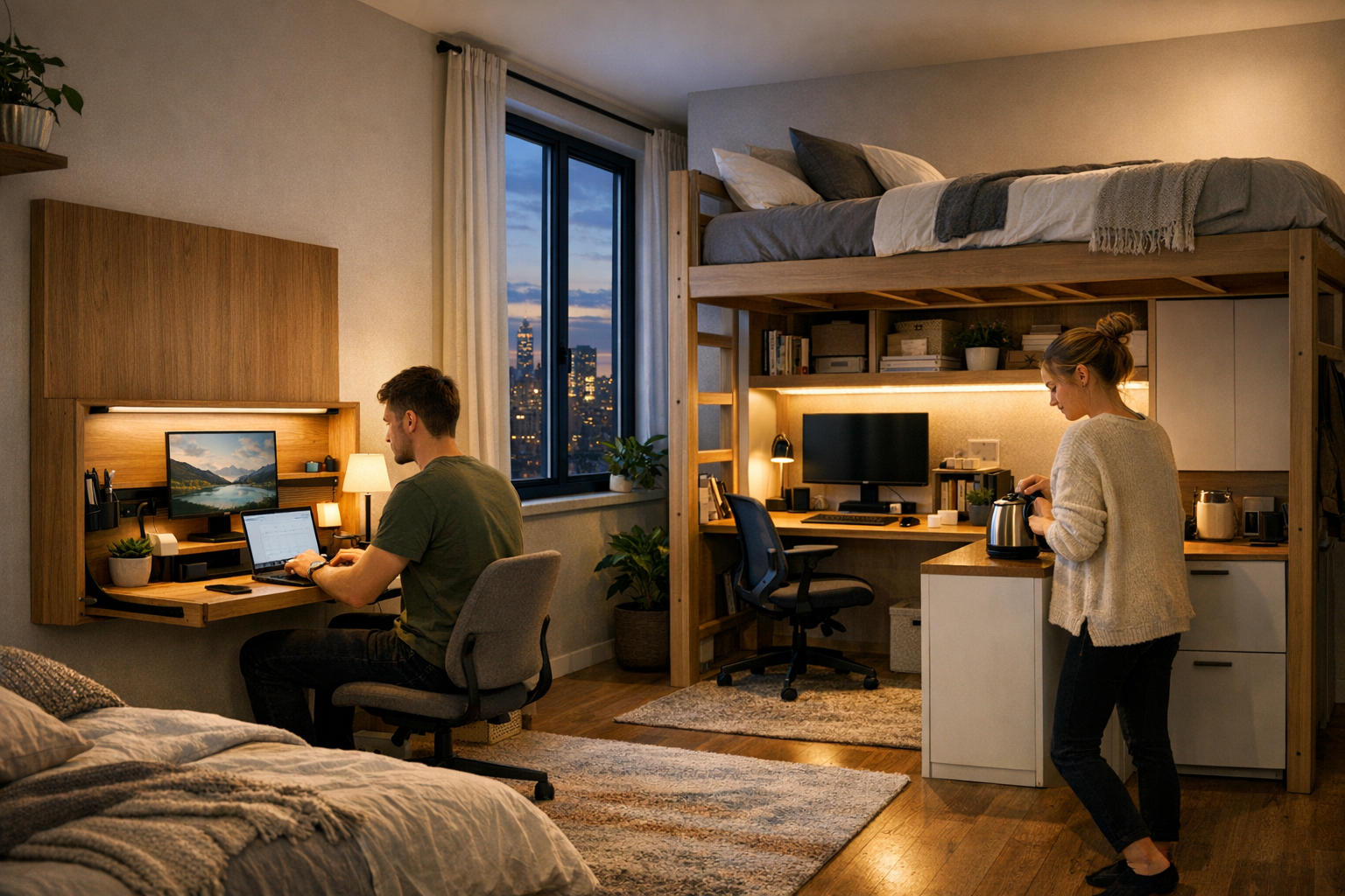 A man and a woman occupy a small, cleverly designed studio apartment. On the left, the man works at a wooden wall-mounted fold-down desk equipped with a laptop and monitor. On the right, a woman stands in a compact kitchenette area built underneath a wooden loft bed, which also features a secondary desk workstation. The room is illuminated by warm ambient lighting from lamps and integrated LED strips, while a window in the center provides a view of a city skyline at twilight.