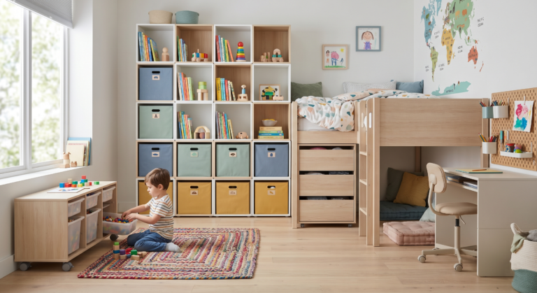A bright, modern kids' bedroom featuring modular storage furniture including a large cube shelving unit with colorful bins, a loft bed with an integrated desk and drawers, and a wall-mounted pegboard for art supplies. A young child is playing on a colorful rug in the center of the organized, space-saving room.